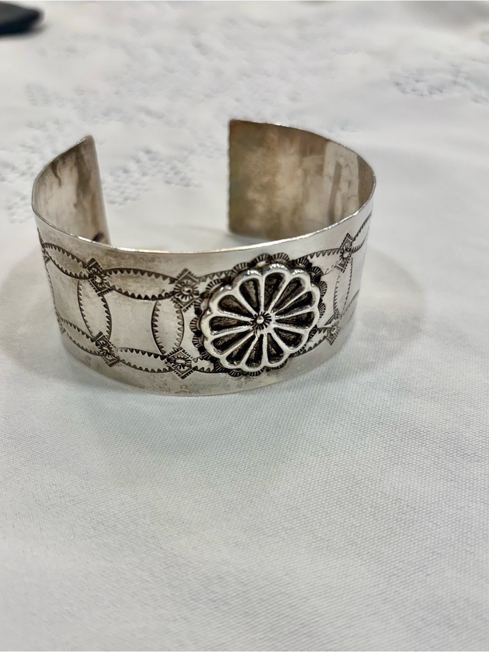 margot Silver Floral Medallion Cuff Bracelet with Engraved Band